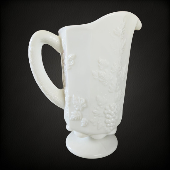 1940s Vintage Milk Glass Pitcher Heavy Footed Pedestal Base Grape Embossed 28oz - Picture 1 of 16